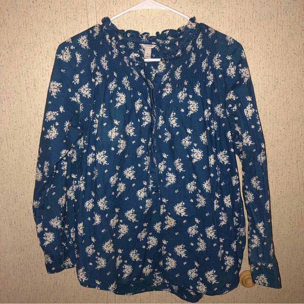 J. Crew Denim Top w/ White Flower Accents